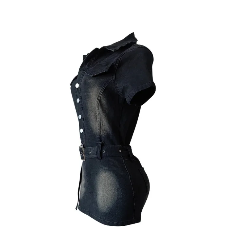 New Denim Short Sleeve Dress Women Modest Sexy Summer Stylish Slim Stretch Acid Wash Vintage Belt Jean Bodycon Dresses