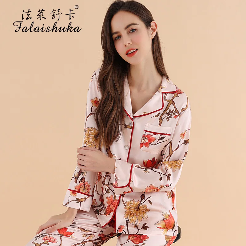 16 Momme 100% genuine silk pajamas sets women sleepwear Sexy black flower Digitally printed Mulberry Silk pyjamas T8254A