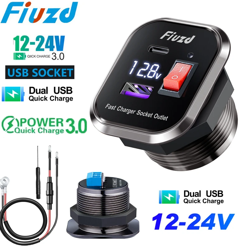 

Car Charger QC3.0 and PD Type C 2 USB Car Charger Socket For Car Motorcycle With Voltmeter and Power chaeger