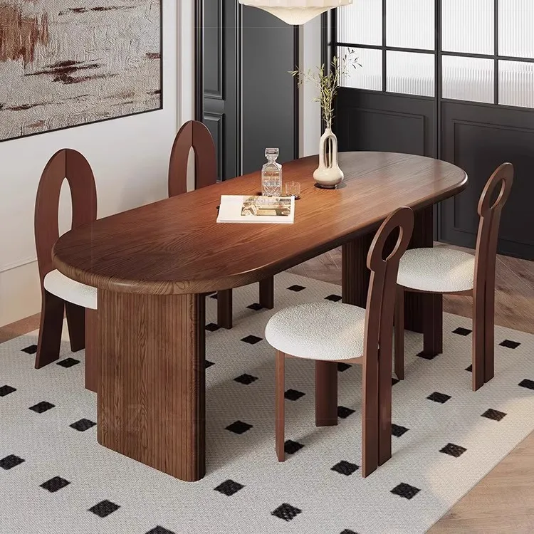 Medieval solid wood dining table oval French retro walnut color one table and four chairs household living room