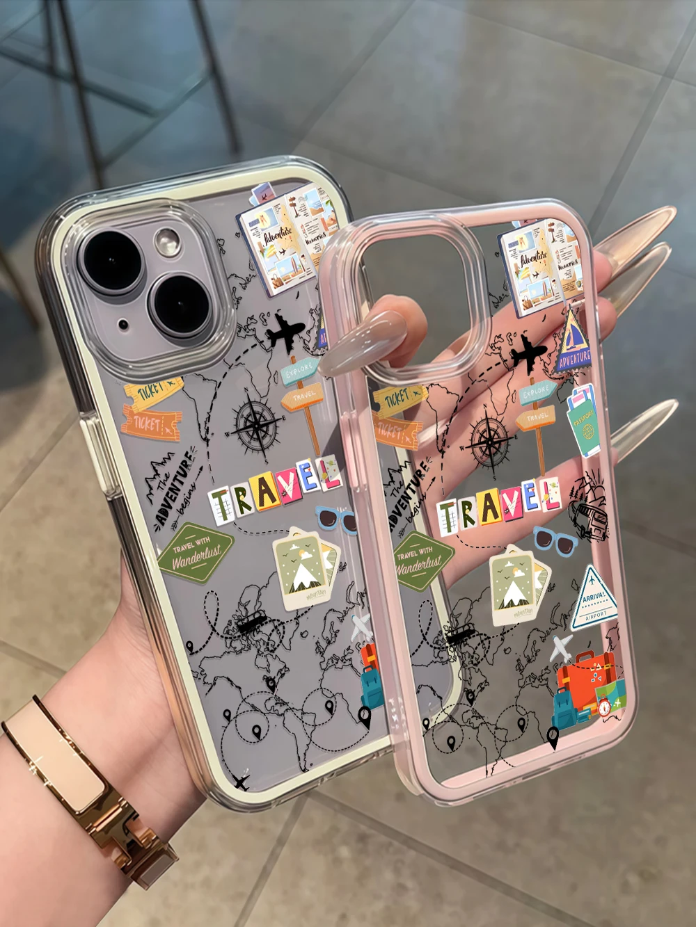 Reise-Abenteuer-Aufkleber-Druck Handyhülle für iPhone 16 14 15 Plus 12 13 14 15 11 17 16 Pro Max Air X XS Transparente Weiche Hülle – Detail 6