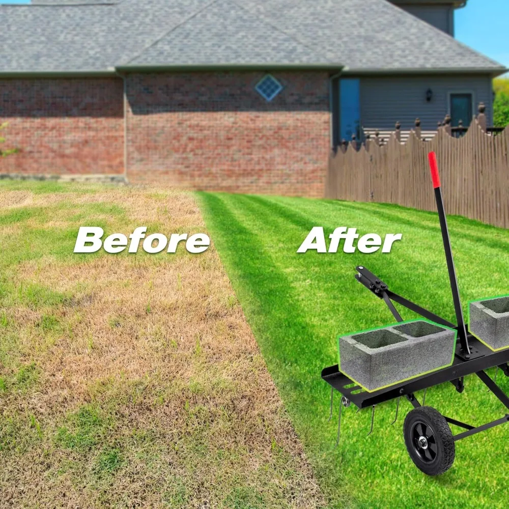 48インチ牽引式デスカッチャー、24本のスプリングスチール製タイン付き、芝生掃除機、ガーデン草刈りトラクターレーキ、大型芝生から雑草を取り除きます