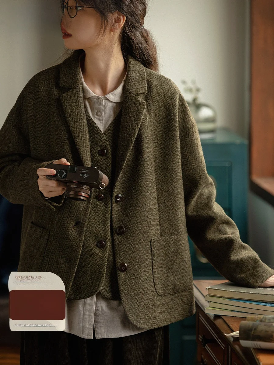 

Оригинальный винтажный повседневный шерстяной костюм Jaet, женский осенний новый свободный крой, длинный свеч на одной пуговице, чистый цвет Faion