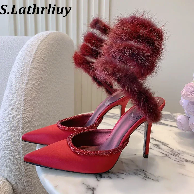 Women's Sexy High-Heeled Gladiator Sandals Satin Shiny Rhinestone Pointed Sandalias Summer Fashion Banquet Dress Shoes Pumps