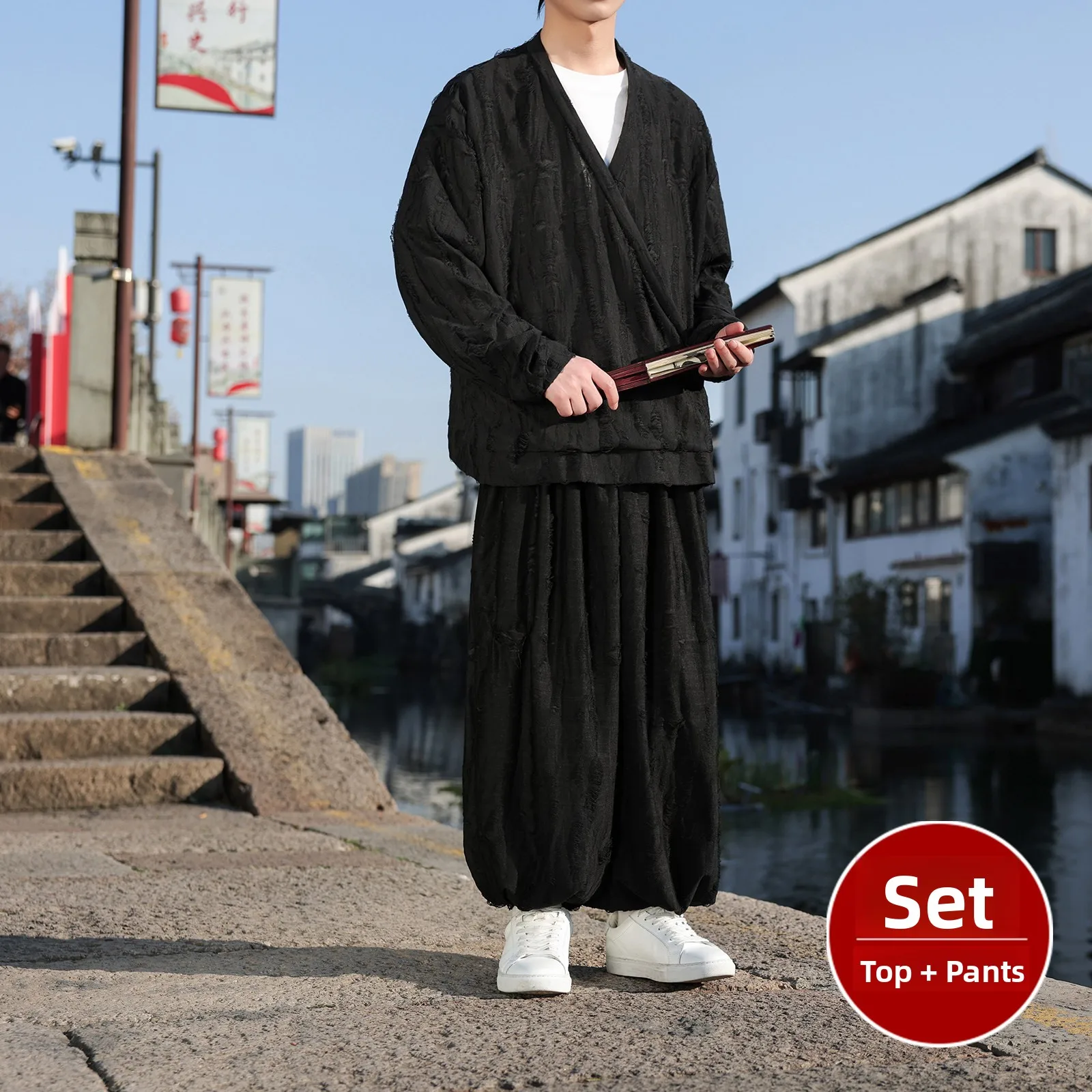 vintage-ice-silk-long-sleeve-t-shirt-set-men's-loose-fit-v-neck-hollow-out-design-casual-wear-polyester-fiber-spring-season