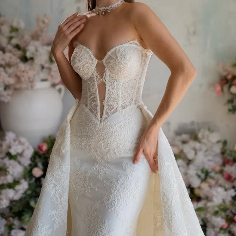 Ivory White Appliques Wedding Dresses off-shoulder fishtail 3D flower decal detachable train Bridal Gowns Made Customized