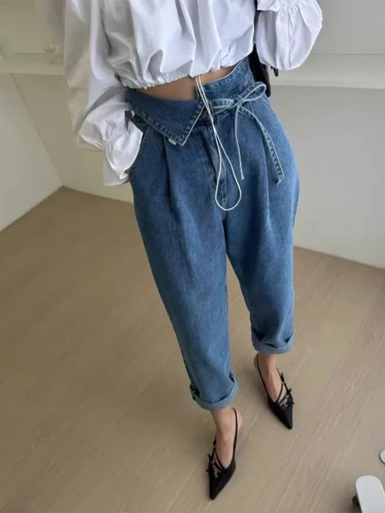 Vrouwen hoge taille losse denim broek lente zomer flip taille kraag riem rechte Harlan jeans lange broek streetwear Y2K broek