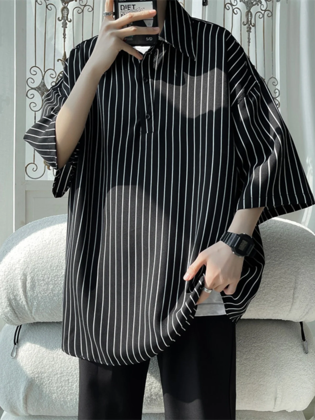 

Loose Fit Men's ort Sve Stripe irt Summer Faion Casual Sle Polyester Fiber Ice Sensation Youthful Trend Square Collar