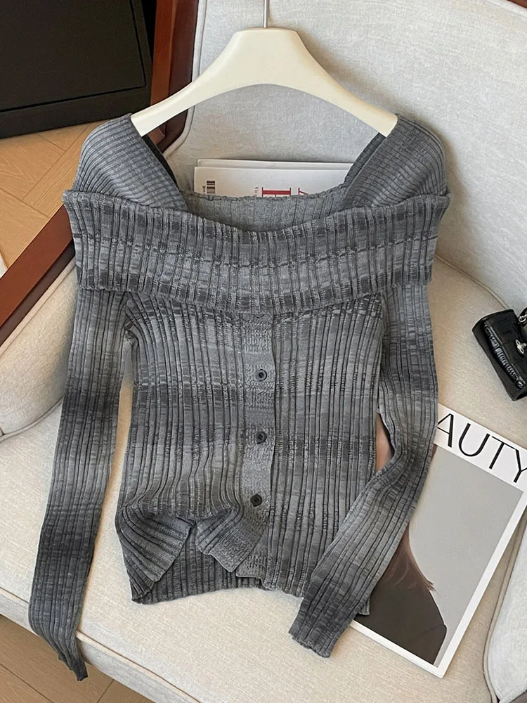 American Style Retro Striped Long Sleeve Sweater Women New Square Collar Design Knitted Cardigan Autumn Elegant Casual Slim Tops