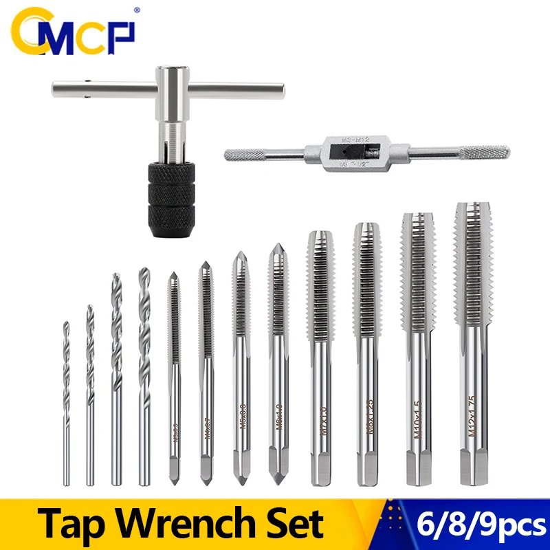 CMCP 6/8/9pcs Adjustable M3-M12 T-Handle Ratchet Tap Holder Wrench Tap Wrench Drill Set Screw Thread Tap Drill Bit Hand Tools