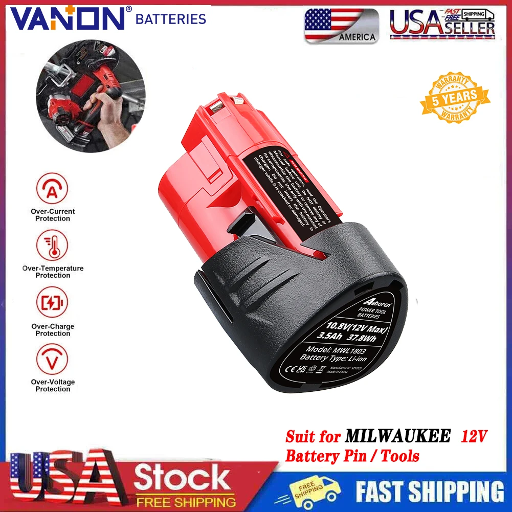 

VANON 3.5Ah M12 Li-on Replace for Milwaukee 12V Battery Pin 48-11-2401 48-11-2402 48-59-1812 48-11-2411 48-11-2420 48-59-2401