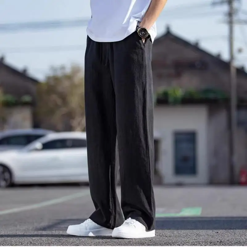 Calça japonesa retrô de linho de cor sólida masculina verão respirável solta calça casual esportiva