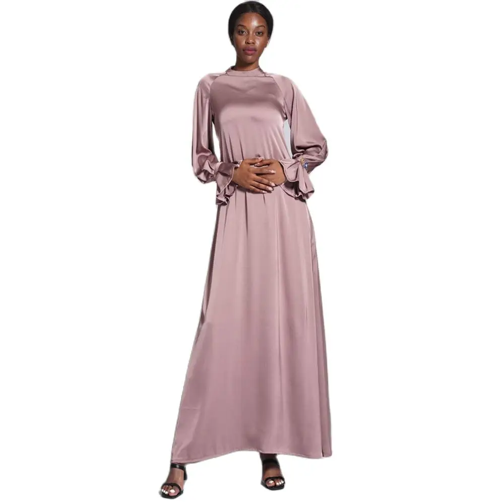 

2022 Robe Pour Femme Musulmane Boho Dress New Matte Satin Buttoned Long Solid Loose Modest Maxi Dresses for Islamic Women