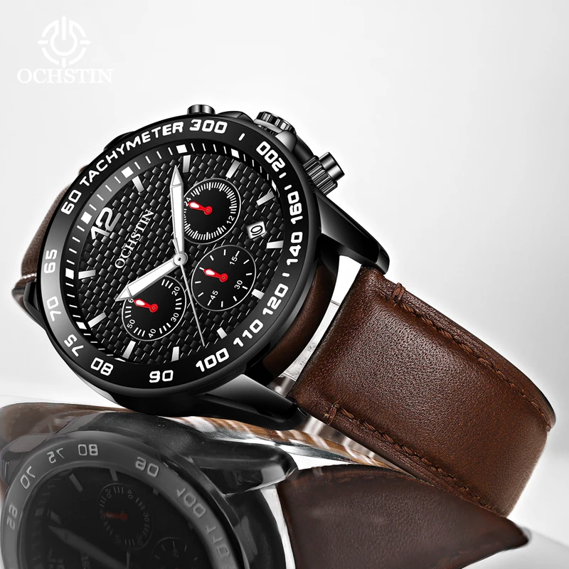 OCHSTIN Men’s Comfort Quick Release Leather Band Navigator Wrist Watch Man Multifunctional Quartz Movement Waterproof Watch