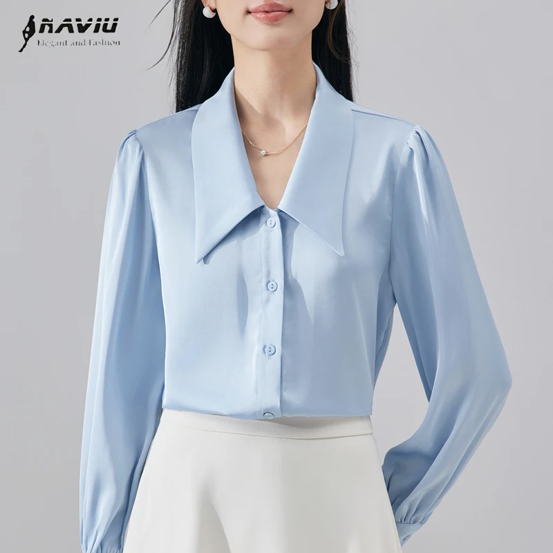 

NAVIU Elegant Women Shirt New Temperament V Neck Professional Loose Casual Chiffon Blouses Office Ladies Work Tops White Blue
