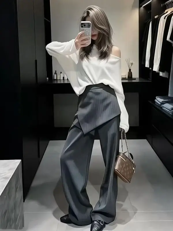 New Loose Casual White Round Neck Sunscreen T-Shirt + High Waist Striped Suit Straight Pants Two-piece Set