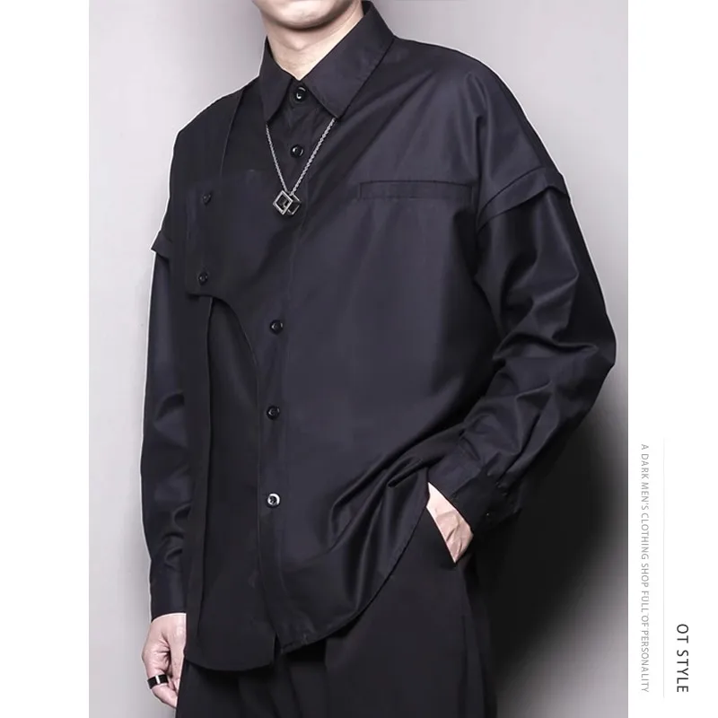 [Custom sized men's coat]  2023 Autumn original personality design sense asymmetrical cut loose wide version long-sleeved shirt