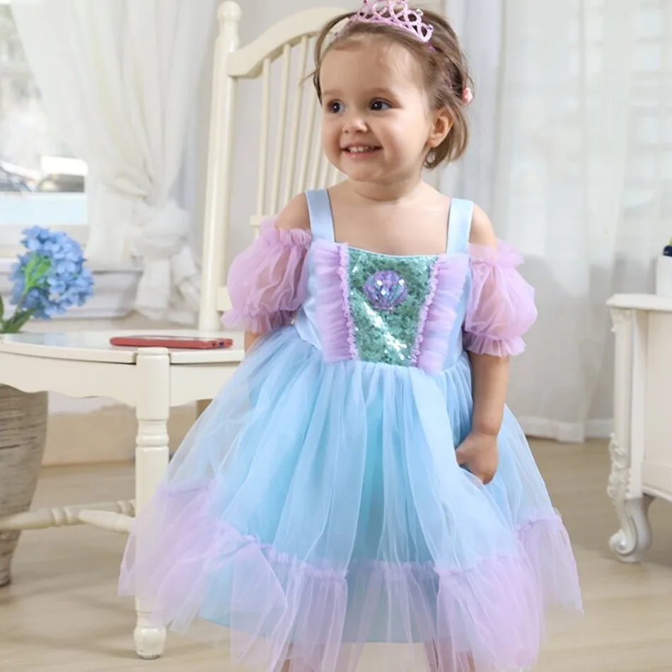 Baby Girl Sequined Mesh Birthday Christening Dress Halloween Mermaid Dress Up Costume Children Short Sleeve Tutu Dresses XMZ65