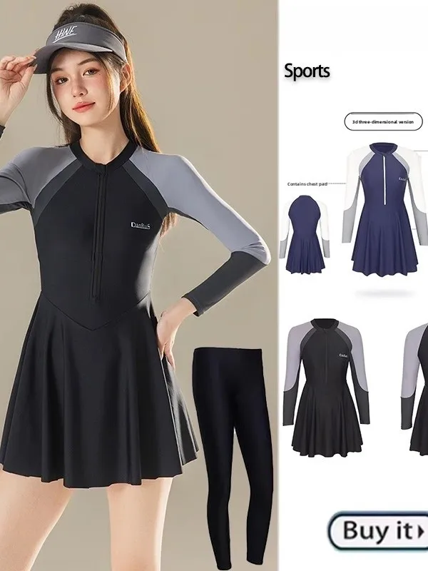 

plus Size Sporty One-Piece Swimsuit Long Sleeve High Waist Flattering Slimming Design Beachwear round Neck Polyester Nylon