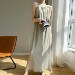 Women's Summer Latest Simple Korean Edition Lce Silk Sleeveless Strap Long Dress Fashion Tassel Loose Commuter Over Knee Dress