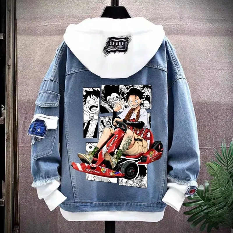 One Piece Luffy Chopper Zoro Anime Peripheral Hooded Denim Jacket Spring and Autumn Simple Cute Versatile Couple Jacket Kawaii