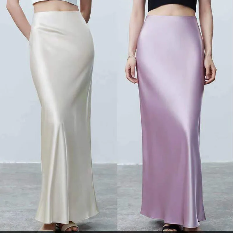 

Элегантная повседневная длинная атласная юбка, эластичная трапециевидная юбка с высокой талией, однотонная юбка макси, офисная женская вечеринка, женская одежда