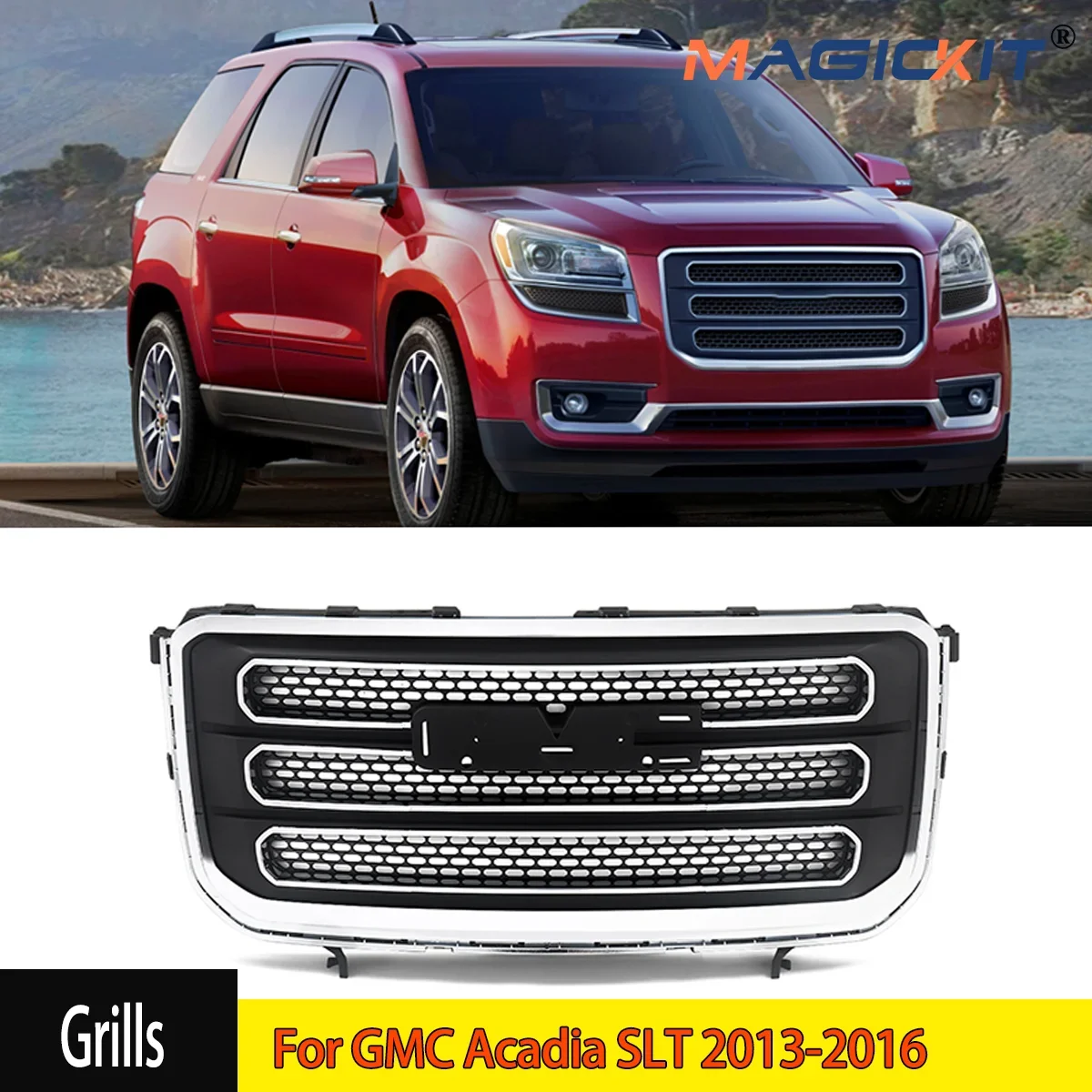 Front Upper Bumper Grille Grill Chrome+Black Fit For GMC Acadia SLT 2013-2016