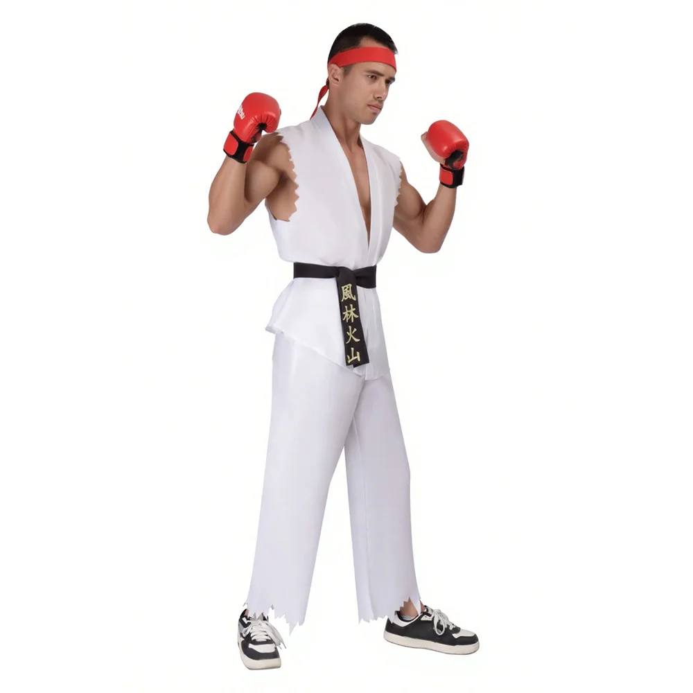 New 2026 Street Fighter Ryu and Ken Cosplay Costume White and Red Martial Arts Uniform with Belt Men's Karate Outfit for Adults view 2