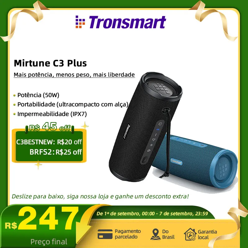 Tronsmart caixa som bluetooth, Mirtune C3 Plus Caixa de Som Bluetooth, 50W Versão Atualizada com BT6, Auracast ™   Equipamento de Camping 2026, Sincronização, À Prova d'Água IPX7, frete gratis, caixa de som para pc