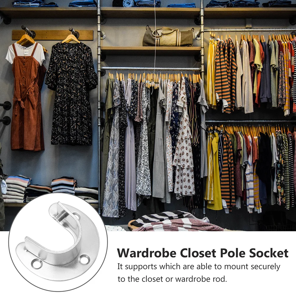 

2Pcs Stainless Steel Flange Base Closet Rod Socket Half-Opening Design Wardrobe Holder Easy Install Side Fixing Screw Stable