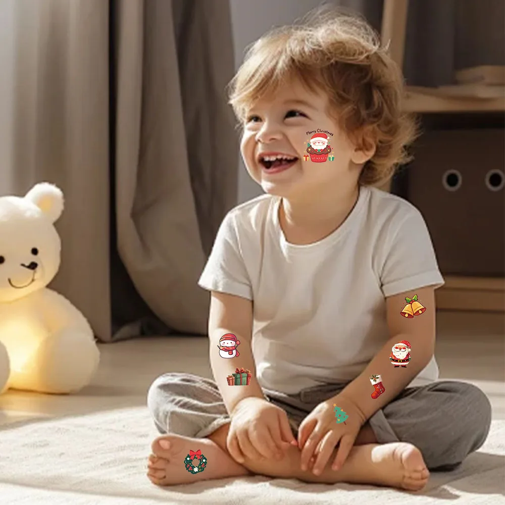 クリスマスのタトゥーステッカー,サンタクロース,エルク,パーソナライズ,レトロ,プレミアム,防水,耐久性,10個