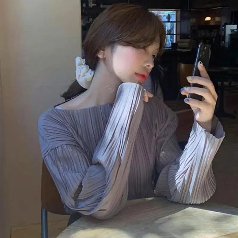 Vintage Folds Blouses Women Pure Color Simple Chic Long-sleeved Tops Trendy Classy Ulzzang Street All-match Spring Autumn Mujer