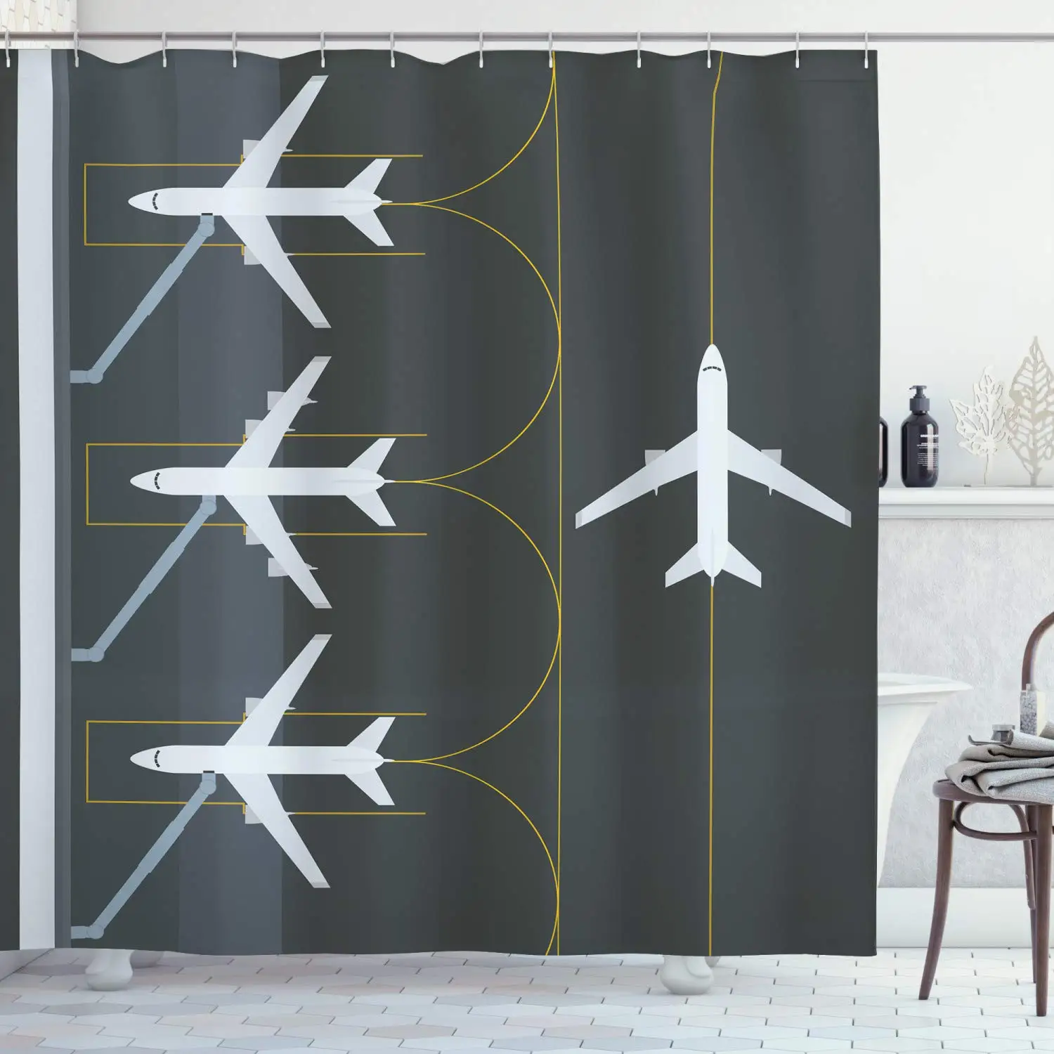 Airplane Shower Curtain Airport Plane Flying Air Force Runway Modern Military Theme Bath Decor Polyester Curtain with Hooks