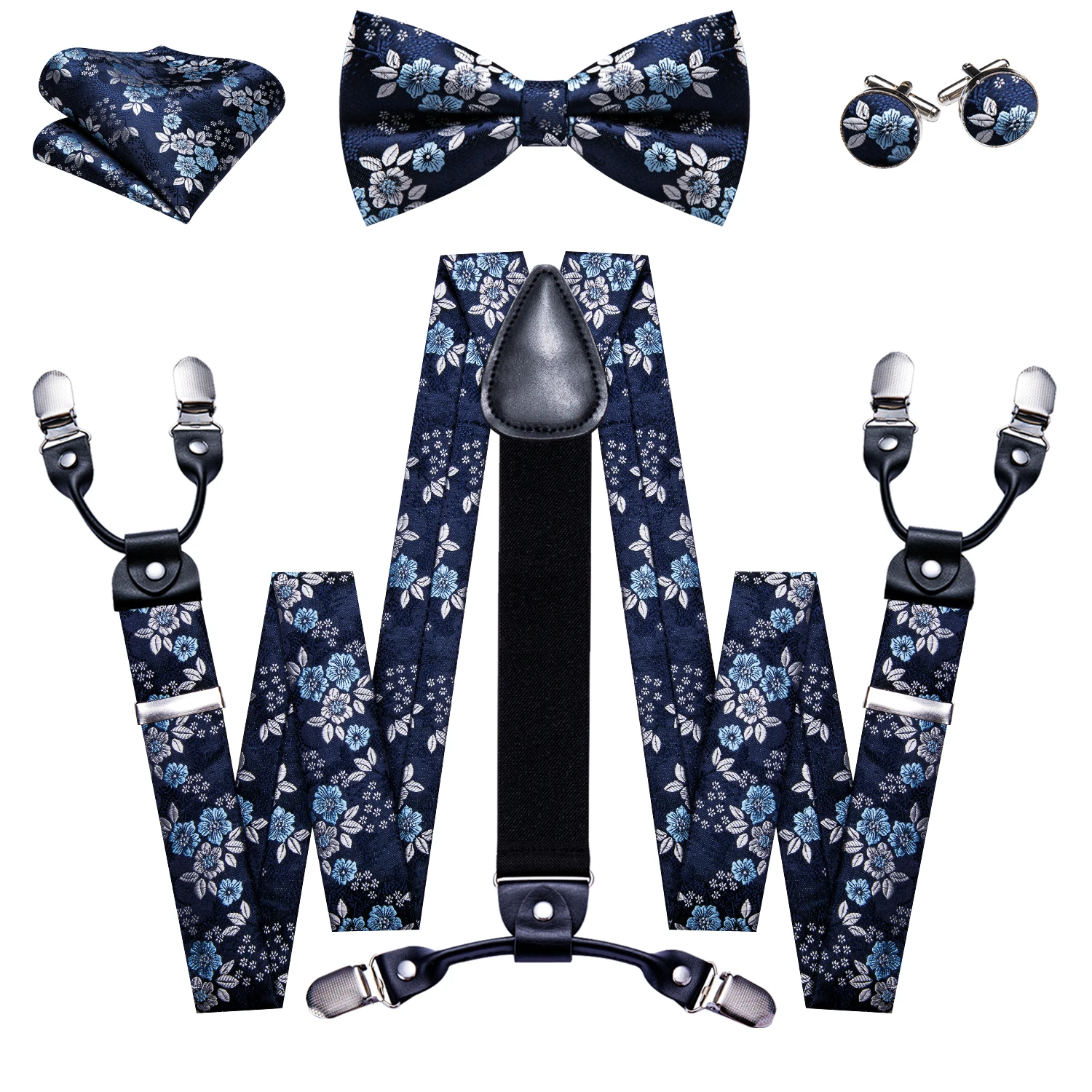 أصفر وردي أحمر برتقالي أزرق كحلي بيزلي الأزهار رجل الحمالة قابل للتعديل 6 مقاطع الأقواس ربطة العنق المنديل أزرار أكمام مجموعة باري وانغ