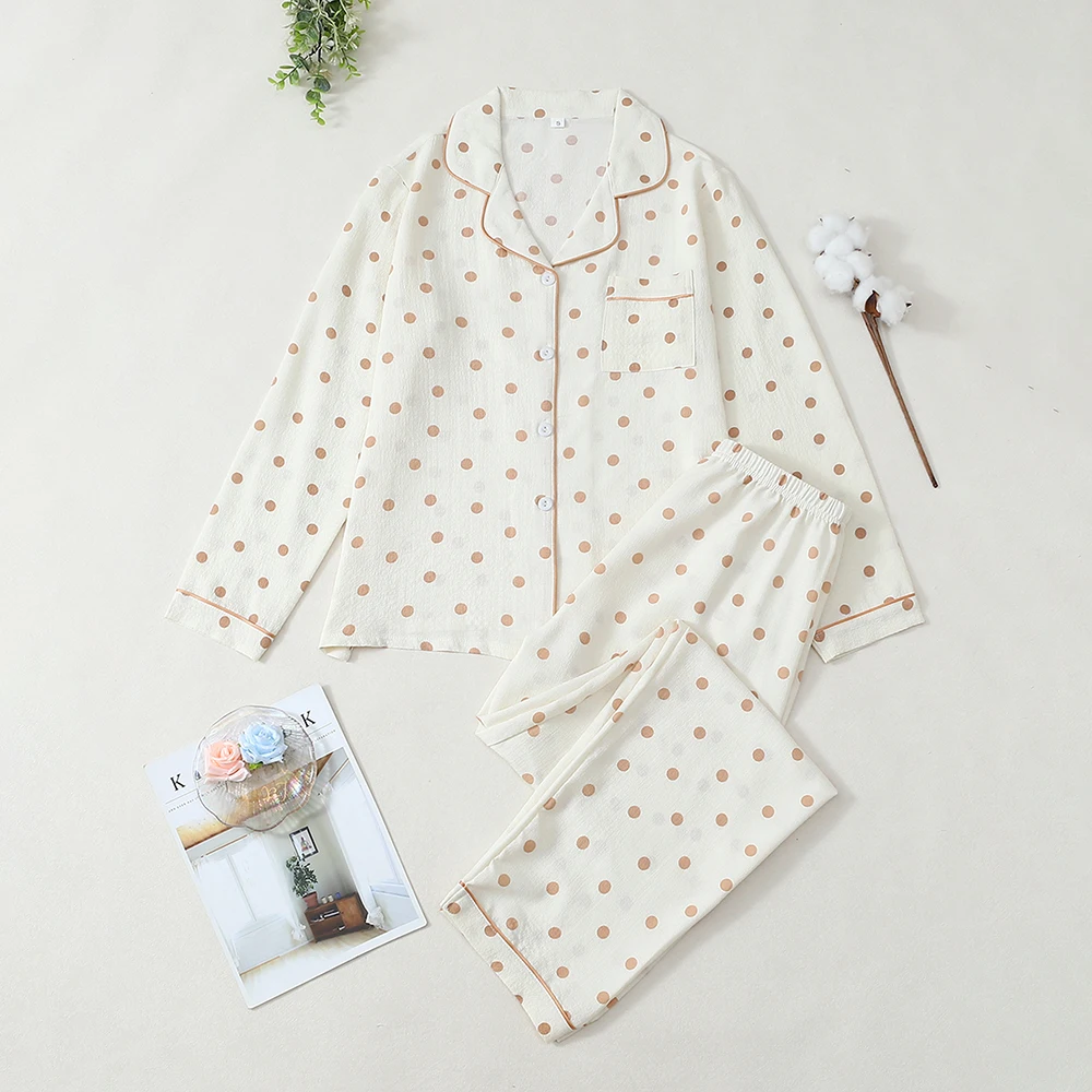 

2Pcs Polka dot Casual Sleepwear Set Autumn Winter Ladies Cardigan Long-sleeve Trousers Home Wear New Lapel Shirt Loungewear