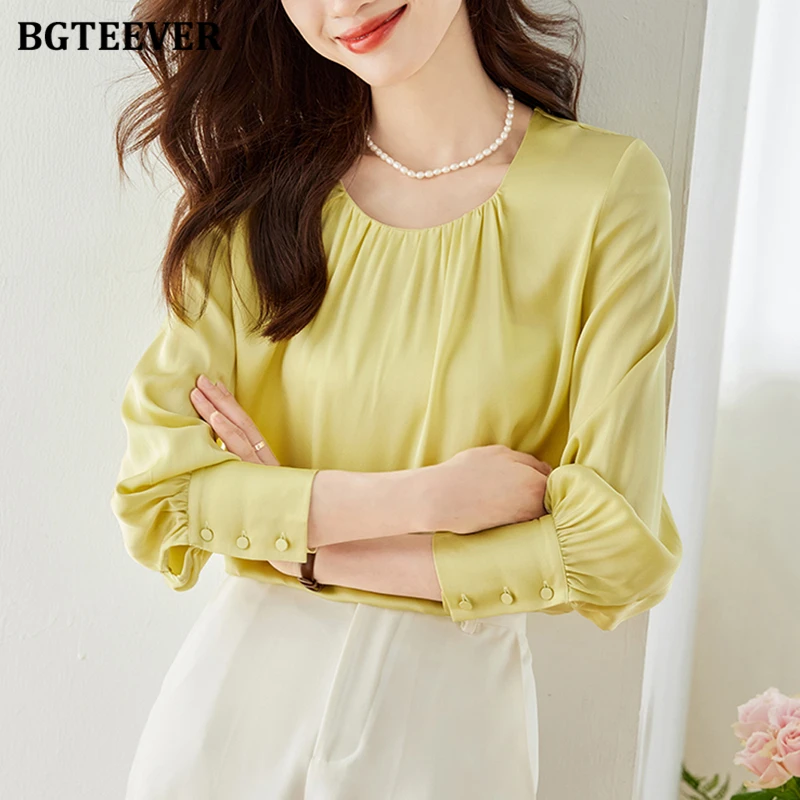 

BGTEEVER Elegant Women O-neck Satin Blouses Autumn Fashion Loose Full Sleeve Ladies Pullovers Shirts Ladies Solid Tops Blusas