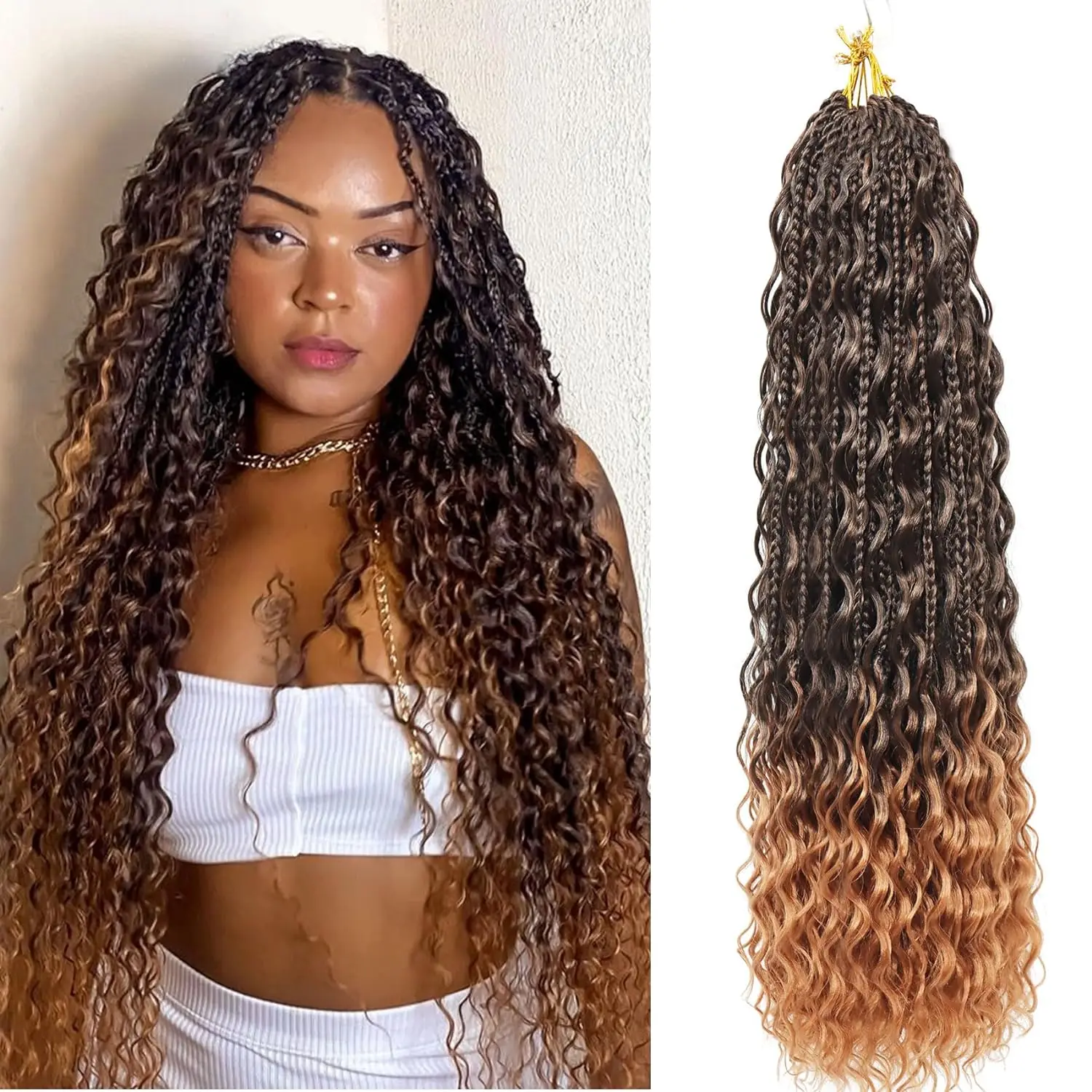 Goddess Box Braids Crochet Hair With Curly Ends, Synthetic Pre Looped Bohomian Crochet Box Braiding Hair Extensions for Women