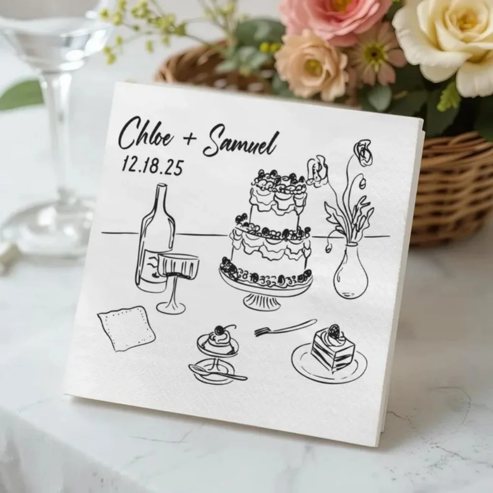 مناديل زفاف مخصصة، مناديل زفاف ذات اسم مخصص، مناديل كوكتيل أنيقة، ديكور طاولة الزفاف، مناديل استقبال الزفاف