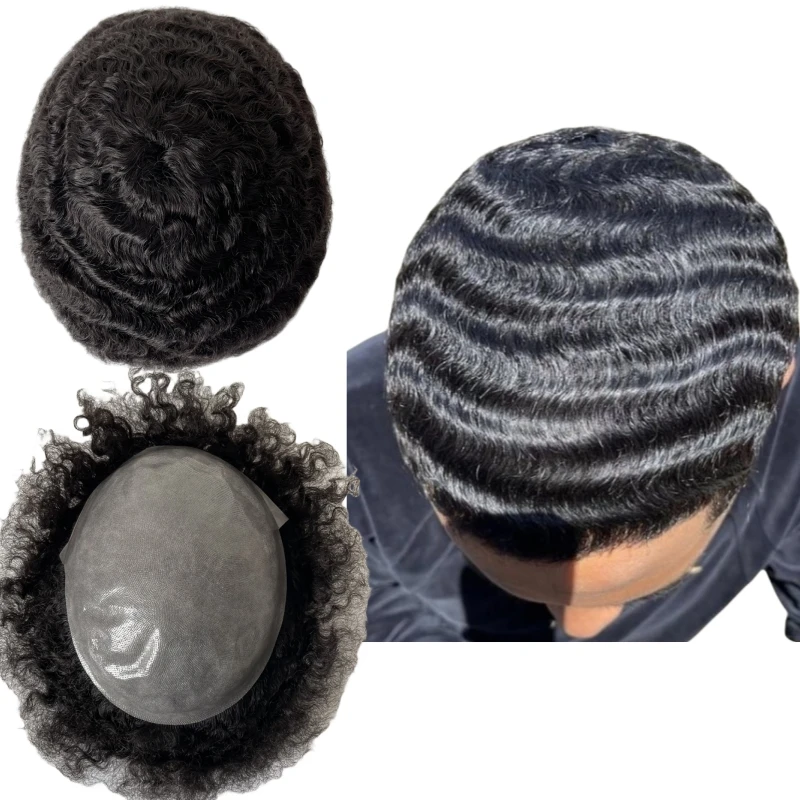 

Indian Virgin Human Hair Replacement 1# Jet Black Color 12mm Wave Knots Skin Unit 8x10 Full PU Toupee for Black Men