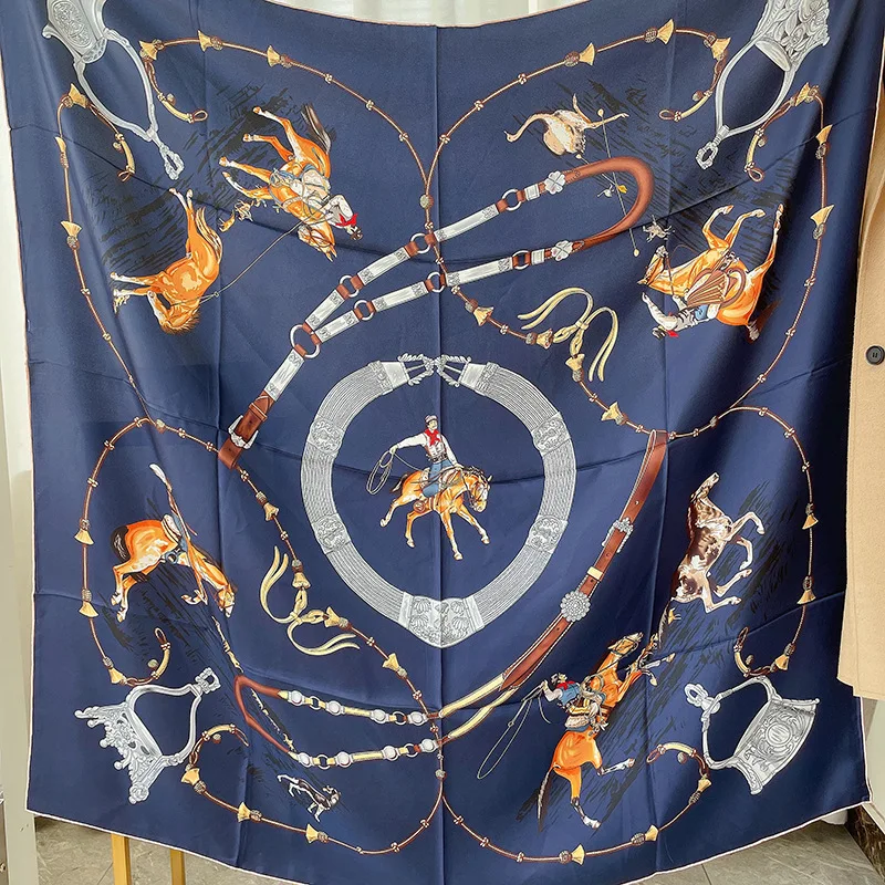 

Blue 140cm Silk Scarf Luxury Designer Women Square Large Bandanas Hand Rolled Shawls Foulard Luxury Head Hair Decoration