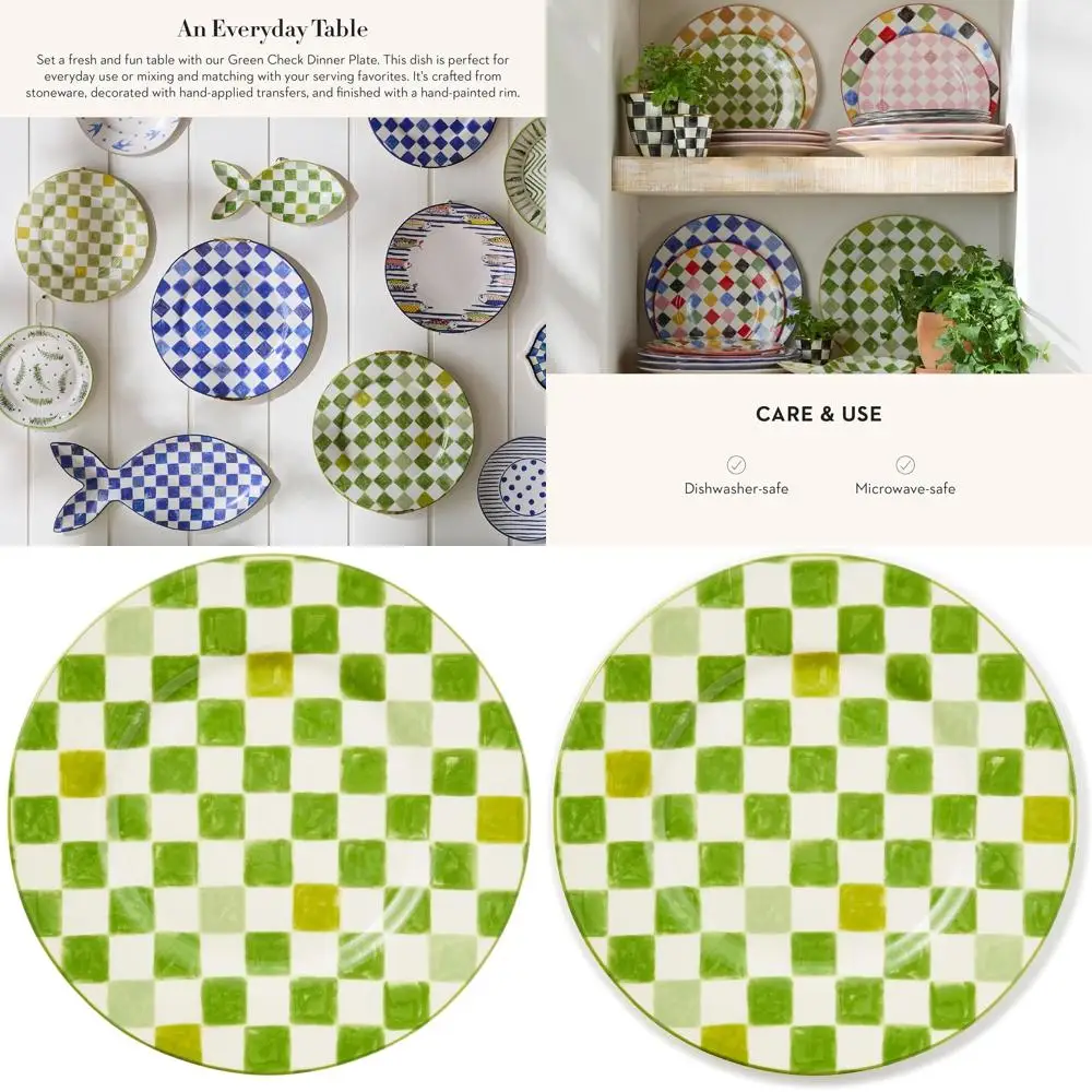 

Microwave & Dishwasher Safe Stoneware Plate, 11, Green Checkered Pattern