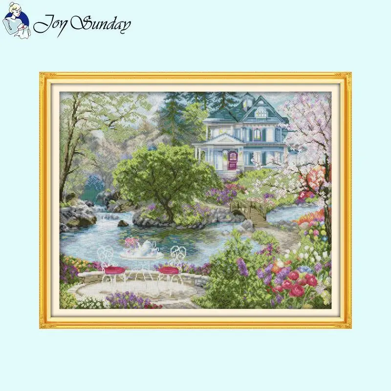 Villa Courtyard Landscape Cross Stitch Kit Aida 14CT 16CT 11CT White Counted Canvas Printed Embroidery Set DIY Home Decor Gifts