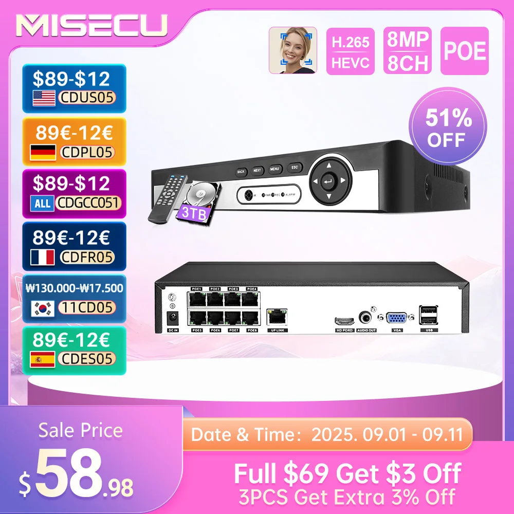 

MISECU 4K 8CH POE NVR 8MP Security Video Recorder IP Camera Face Detection Surveillance CCTV System For POE IP Camera