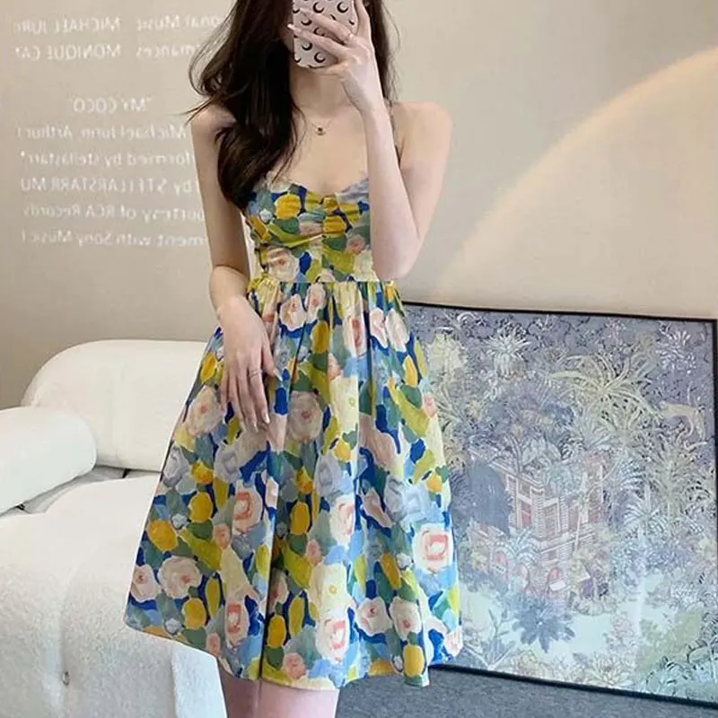 Beach Style Broken Flowers Printed Slip Dress Summer Fashion Sexy Backless Bandage Women's Clothing Vintage Folds Mini Dresses