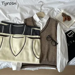 Sweater Vests Women Preppy Style Design All-match Loose Students Panelled Retro Leisure Fashion Ulzzang Autumn Daily Knitting