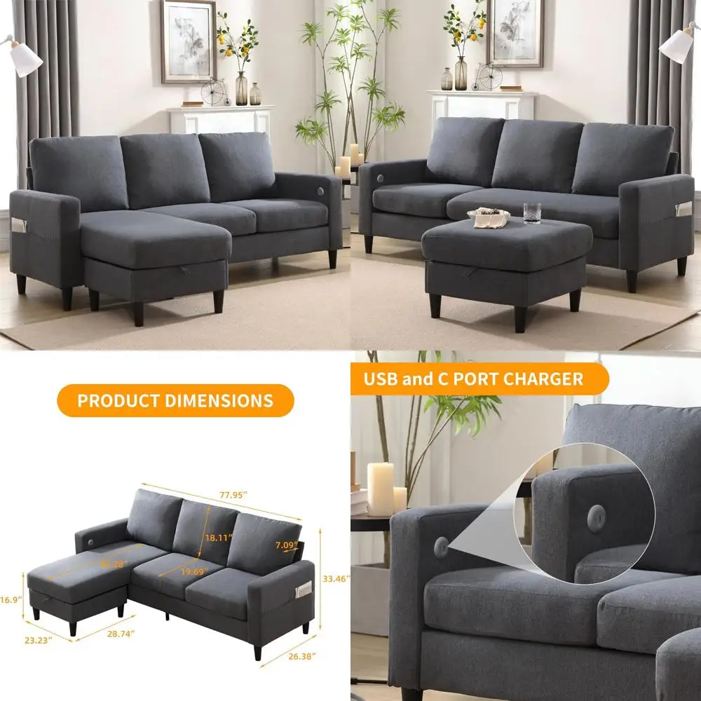 L-Shaped 3-Seat Sectional Sofa with Storage Chaise and USB Charging Port for Small Living Rooms