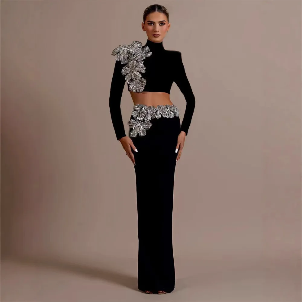 

Faionable Diamond Embellied Long Sve Top High Waist Skirt Two Piece Set for Par Deep V Neline Low Waist