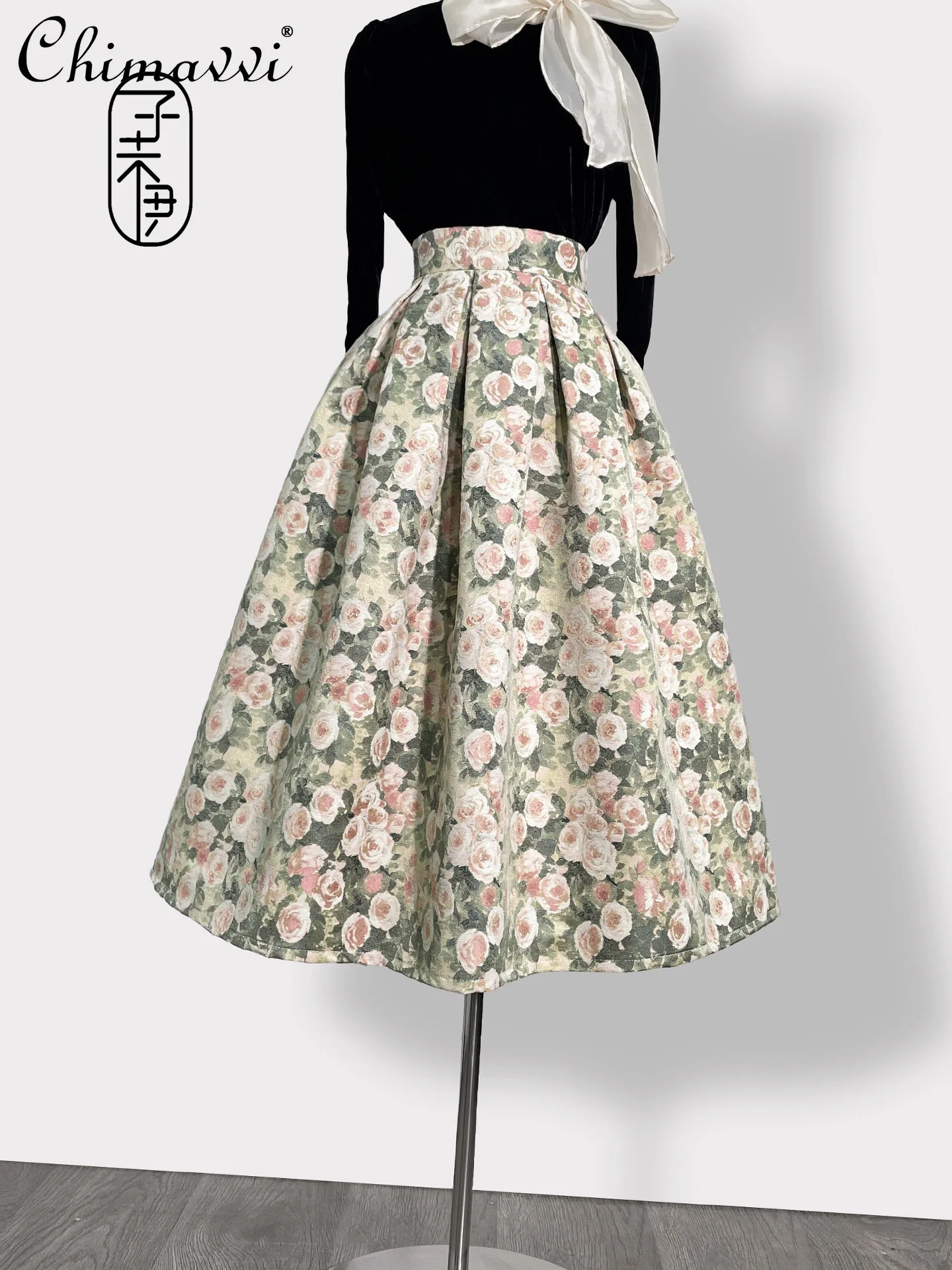 

French Elegant Hepburn Style Sweet High Waist Floral Skirts Fashion Versatile Commuting A-line Pleated Long Skirt Women Autumn