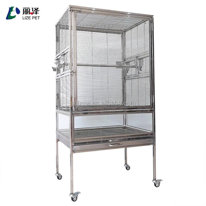 Heavy-duty Stainless Steel 304 Single-layer Parrot Cages Tempered Glass Bird Cage Custom Breathable Silver 1pcs
