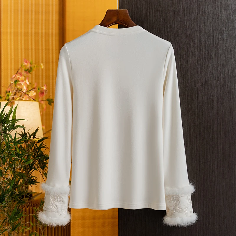 New Chinese-Style National Fashion Mink Fur Long-Sleeve Base Shirt for Women, 2026 Autumn and Winter, Fashionable Embroidered Casual Versatile Top for Women